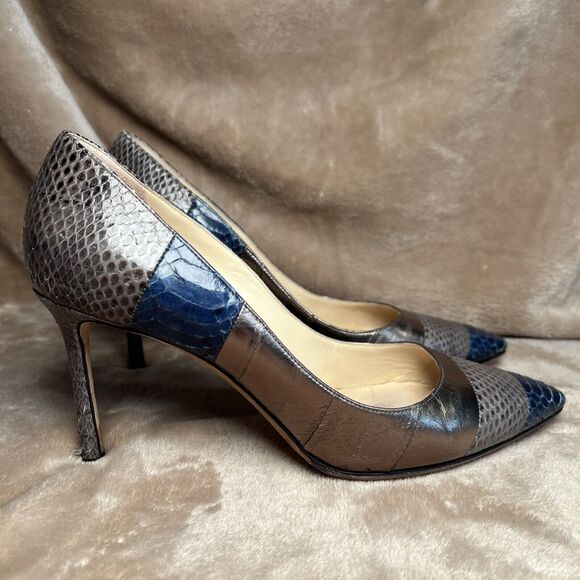 Jimmy Choo Metallic Leather Snakeskin Pumps 3.5" Heels Women's 37.5 US Size‎ 7.5 - Picture 1 of 9
